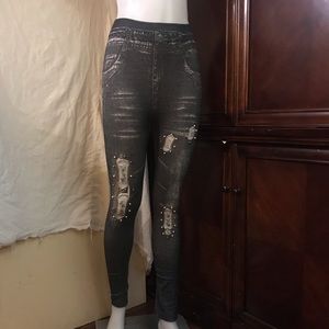 🆕 WPJ Black DenimPrint FakeJeans Leggings-OneSize